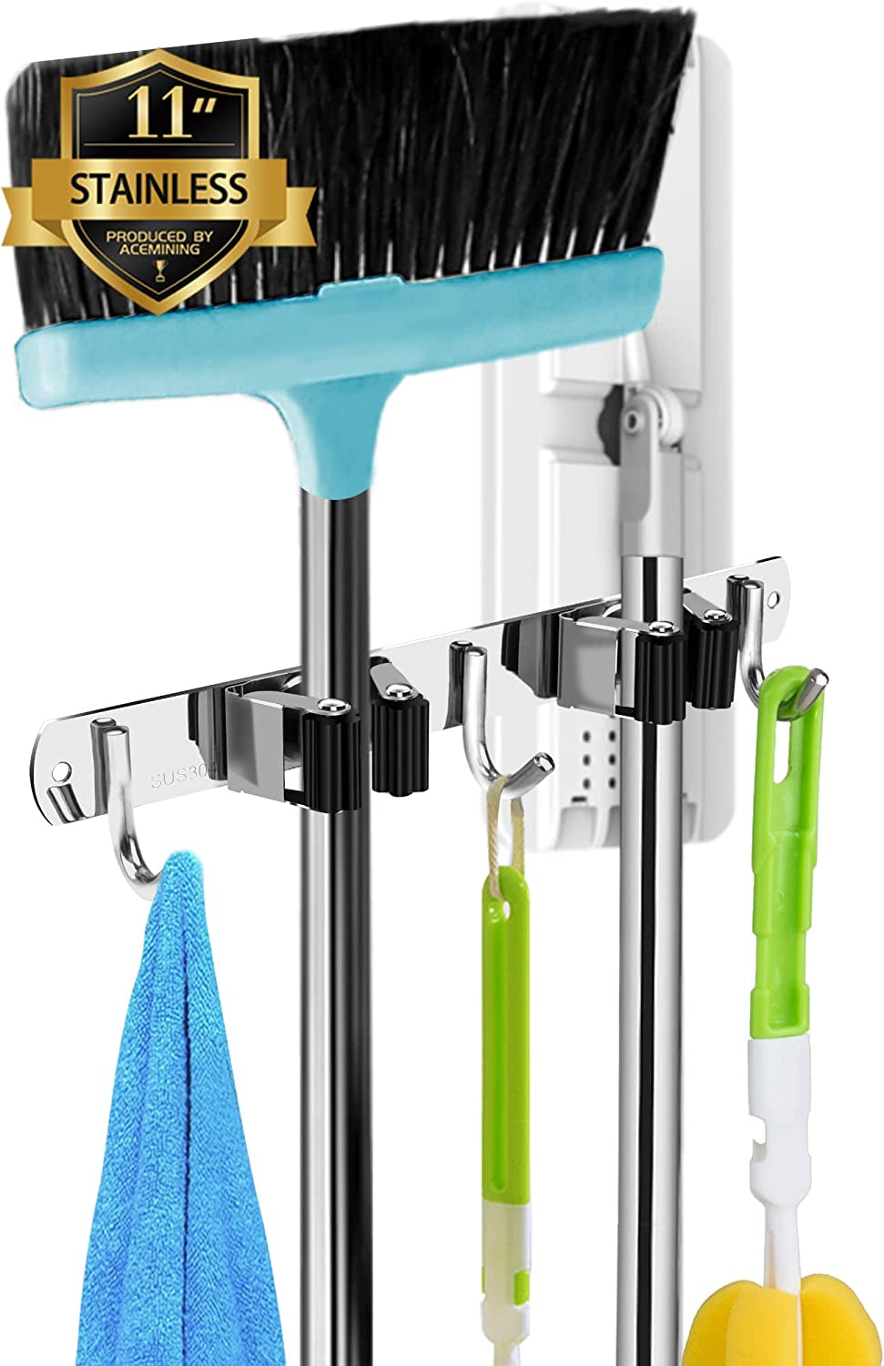 5 Holders+4 Hooks Broom Holder Wall Mounted with Nails Installation, Heavy Duty Stainless Steel Mop Holder, Brush Mop and Broom Storage Self Adhesive