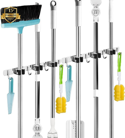5 Holders+4 Hooks Broom Holder Wall Mounted with Nails Installation, Heavy Duty Stainless Steel Mop Holder, Brush Mop and Broom Storage Self Adhesive